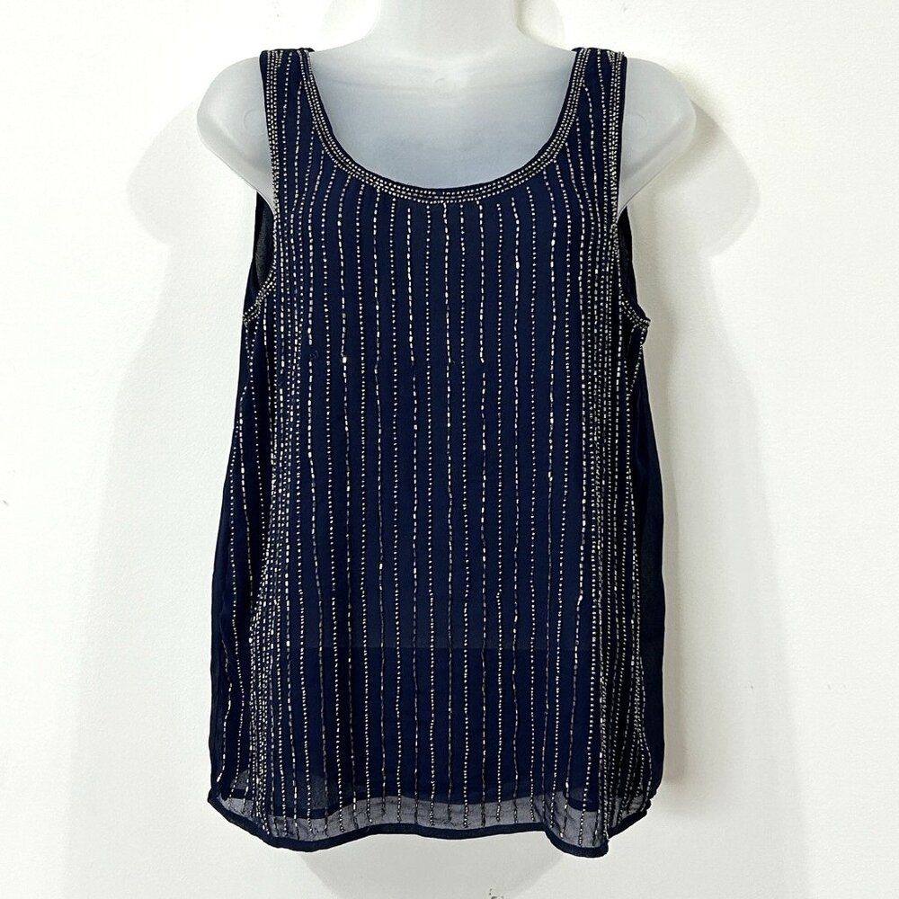 JENNIFER LOPEZ Navy Blue Beaded Tank Top Sleeveless Lined Shell Y2K Size M